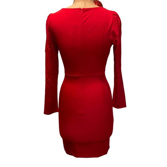 Sarin Mathews Deep V Neck Ruched Bodycon Long Sleeve Mini Dress Red NWT Size XL - Picture 2 of 9